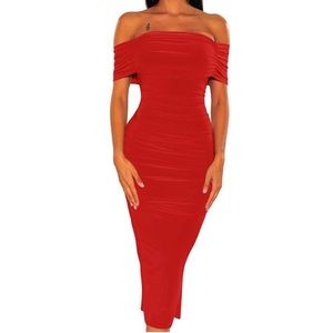 Ruched Off the Shoulder Midi Cocktail Dress